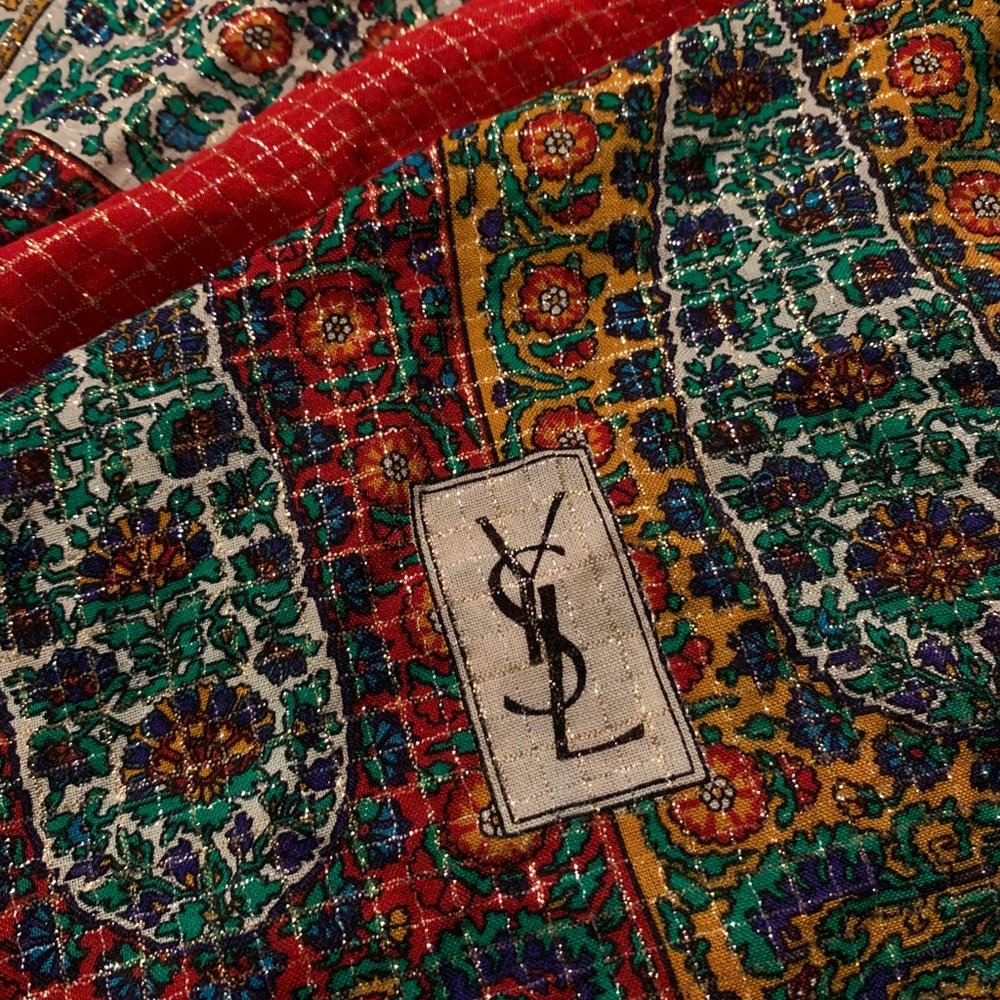 Vintage Sparkly Red Wool Paisley Floral YSL Scarf